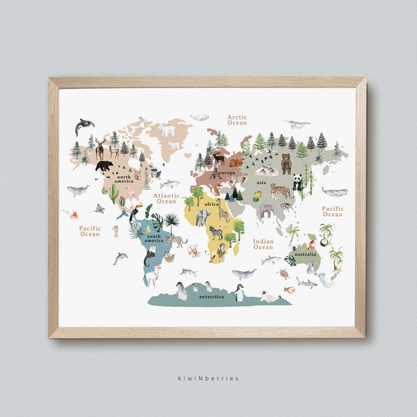 World Map Poster, Animals of the World print, Educational Posters, Learning Print, World Map print, Kids Playroom Room Decor, Continents