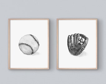 Boys Room Decor, Baseball Print Set, Printable Digital Baseball Posters, Sport Prints, Black and White, Baseball Printable, Ball Mitt Bat