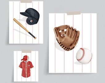 Baseball prints, Set of 3 Baseball Posters, Sports Nursery decor, Baseball printable art, Boys bedroom prints, Sport art, Bat Mitten glove