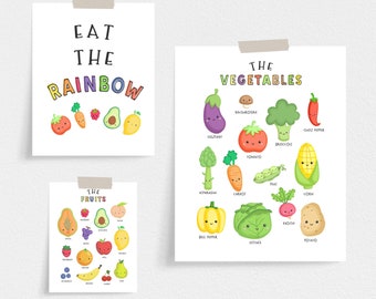 Verduras y frutas imprimibles, Póster de verduras para niños, Alimentos de aprendizaje de Educación divertida, Sala de juegos de educación en el hogar en el aula, Eat the Rainbow print