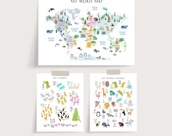 Könnte beinhalten: Ein Set aus drei Lerntafeln für Kinder mit einer Weltkarte mit Tierillustrationen, einer Zahlentabelle mit Tierillustrationen und einem Alphabet-Chart mit Tierillustrationen. Die Poster sind auf weißem Papier mit bunten Illustrationen gedruckt.