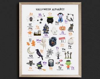 Halloween decorations, Homeschool Halloween prints, Printable Halloween alphabet, Spooky wall art for kids,Homeschool learning classroom ABC