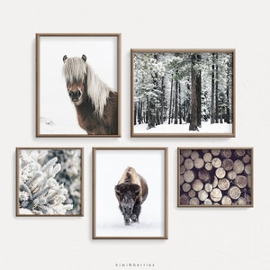 Winter Gallery Wall Prints, Snowy Scenery, Nordic Christmas Wall Art Set,Winter Bison Horse,Printable DIY Decor, Holiday Prints,Winter Trees