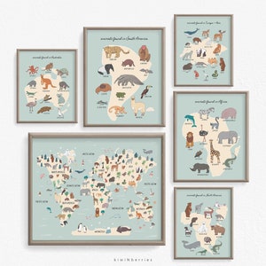 Weltkarte Poster, Große Druckbare Karte für Kinder, Tiere nach Kontinenten, Bildung Lernen, Himmelblau und beige, Neutrale Tierweltkarte