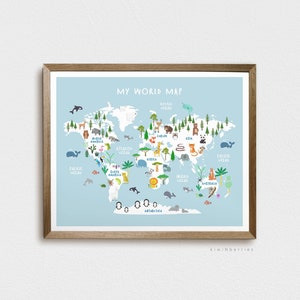 Weltkarte für Kinder, BLAU, Animal World Map print, Kinderzimmer Kinderdekor, Kinderdruck, Spielzimmer Kunst, Weltkarte Illustration, pädagogisches