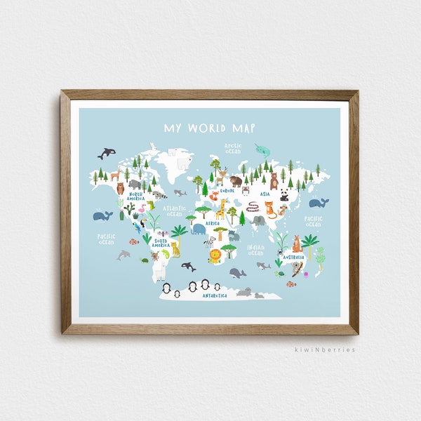 World map print for kids, BLUE, Animal World map print, Nursery kids decor,Children print, Playroom art, World map illustration, Educational