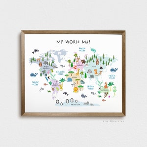Weltkarte Druck für Kinder, Tier Weltkarte Druck, Kinderzimmer Kinderdekor, Kinder Kunstdruck, Spielzimmer Kunst, Weltkarte Illustration, pädagogisches