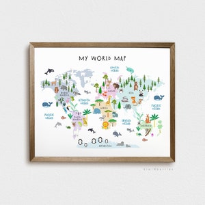 World map print for kids, Animal World map print, Nursery kids decor, Children art print, Playroom art, World map illustration, Educational