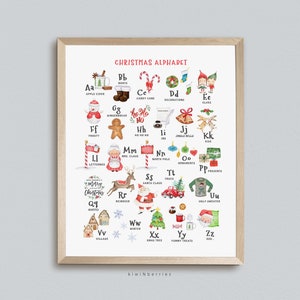 May include: A colorful alphabet chart with illustrations of Christmas-themed objects for each letter. The letters are in red and the words are in black. The illustrations are in watercolor style.