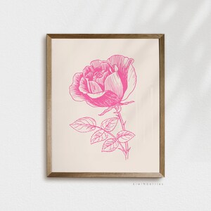 Rosa rosa arte digital, decoración de dormitorio imprimible, boho preppy rosa, estampado de flores de rosa, cartel rosa de niña adolescente