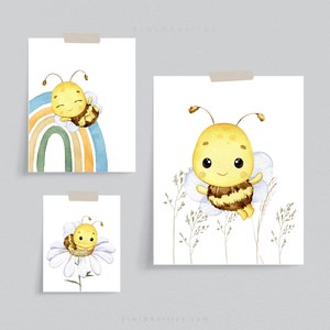 Honigbiene Druck 3er Set, Neutrales Kinderzimmer Dekor, DIY Babyzimmer, Bienen Zeichnung Illustration, Bienen Druckbare Kunst, Bienen Poster, Gelb blau Kinderzimmer