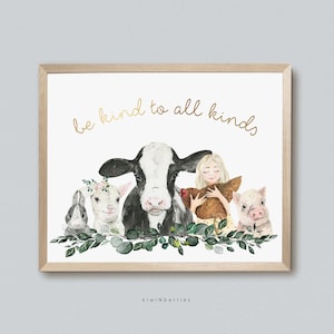 Impresión vegana, Obras de arte éticas para niños, Póster vegetariano, Sé amable con todos los tipos, Ama a todos los animales, Imprimible digitalmente,