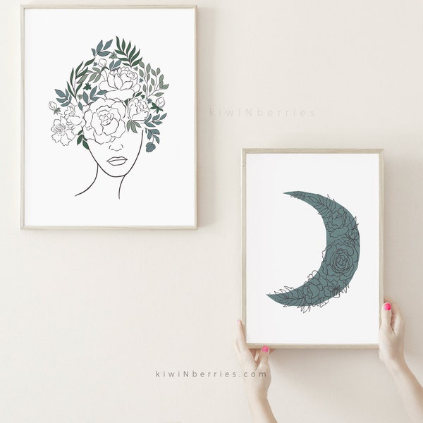 Woman with flowers print, Head with flowers poster, Line art prints, Moon with flowers, Sage green, Modern art prints, Woman printable art