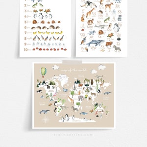 3er Set Lerndrucke, Druckbare Weltkarte, Weltkarte Poster, ABC 123 Wandkunst, Lernposter, Kinderzimmer Dekor, Spielzimmer Druck