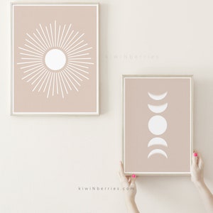 Celestial Prints, Abstraktes Sonnenposter, Mondphasen Kunstdruck, Himmlische Wandkunst, Neutrale abstrakte Kunst, Moderne Mid Century Kunst, Druckbar