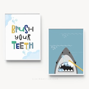 Decoración de pared de baño para niños, Impresiones de baño para niños, Arte de baño imprimible, Cepíllese los dientes, Arte de pared de tiburón, Carteles para niños, Arte de pared para niños