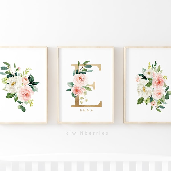 Boho nursery name, Baby shower gift, Baby girl wall art, Personalized prints, Blush pink and gold, Floral initial pint - Custom name art