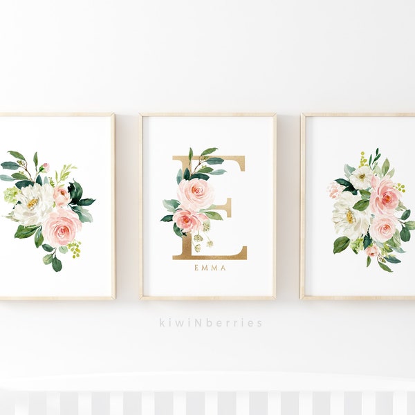 Nombre de la guardería Boho, Regalo del baby shower, Arte de pared de la niña, Estampados personalizados, Rosa rubor y oro, Pinta inicial floral - Arte de nombre personalizado
