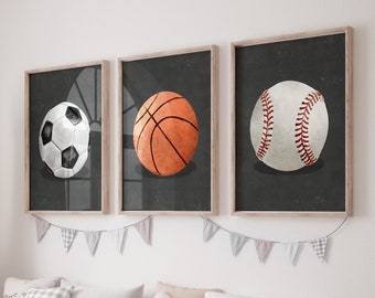 Set of 3 Sport Balls Print, Printable Boys Room Decor, Black Dark Digital Art, Sport Printable Wall Art, Basketball Soccer Football Baseball