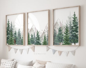 Set of 3 Forest Printable, Trees and Mountains Poster, Nursery Decor, Adventure Outdoors Woodland, Kids Wall Art,Nature Prints,Natural Pines