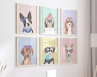 May include: Six framed watercolor illustrations of dogs wearing accessories. Each illustration is set against a different pastel colored background. The illustrations are arranged in a grid of two rows and three columns.
