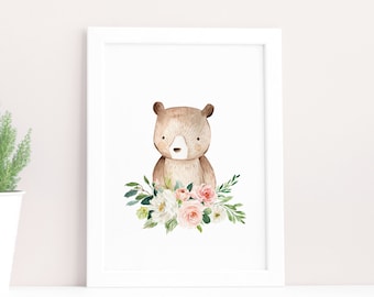 Bear wall art, Woodland animal print, Blush pink floral crown - Forest wall art - Printable wall art - Nursery decor - Nursery animals