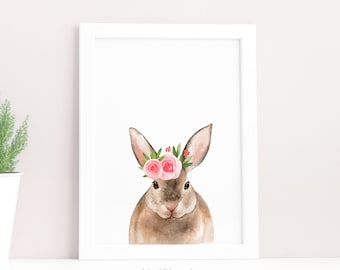 Gravure d’animal de forêt - Art mural de lapin - Couronne florale rose blush - Art mural de forêt - Art mural imprimable - Décor de pépinière - Animaux de pépinière