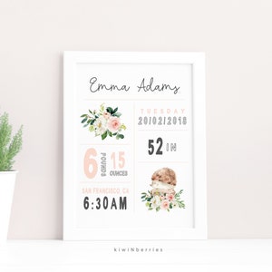 Estadísticas de nacimiento imprimibles, Rosa rubor y gris, Anuncio de nacimiento de niña, Estadísticas de nacimiento personalizadas, Signo de nacimiento, Decoración de guardería para niñas