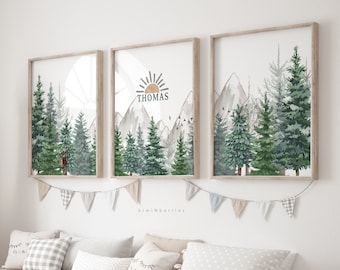 Forest Name Sign, Mountains Nursery Wall Art, Green Tree Personalized (Digital Print)