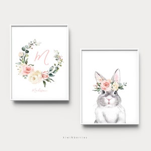 Impresión personalizada del nombre de la niña, Regalo imprimible para niñas, Impresión del nombre del conejo, Impresión del nombre personalizado, Póster del nombre, Flores florales rosa rosa