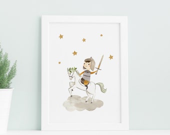 May include: A watercolor illustration of a knight riding a white horse on a cloud with gold stars in the background.