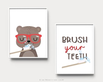 Kids Bathroom Art Prints: Brush Teeth Bear, Night Routine (Digital Download)