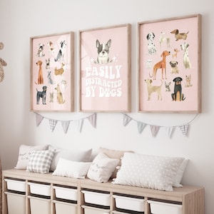 Impresiones de guardería para niñas, arte de pared de cachorros de perro, carteles de color rosa pastel, tabla de razas de perros, decoración de habitación rosa, conjunto de ilustraciones de perros, cachorro imprimible