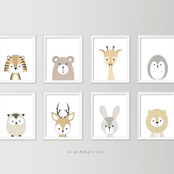 Neutral Animal Nursery Art Prints: Set of 8 (Digital Download)