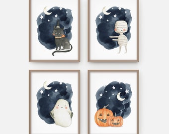 Halloween art prints, Halloween printable, Halloween prints for kids, Halloween wall art, Cute halloween, Ghost mummy cat pumpkin