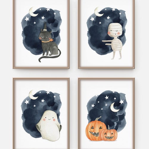 Halloween art prints, Halloween printable, Halloween prints for kids, Halloween wall art, Cute halloween, Ghost mummy cat pumpkin
