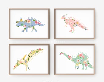 Floral Dinosaur Art Prints: Girls Room Decor (Printable Set)