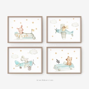 Boy Nursery Decor, Boy Baby douche cadeau, Kwekerij kunst aan de muur, Kwekerij printable, Jongen printable decor, Auto&#39;s en vliegtuigen, Dieren rijden