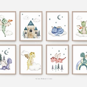 Set artistico stampabile per bambini, arredamento per asilo nido fai-da-te, stampe di draghi, creature mitiche, arte del vivaio del castello e dei draghi, draghi delle fiabe