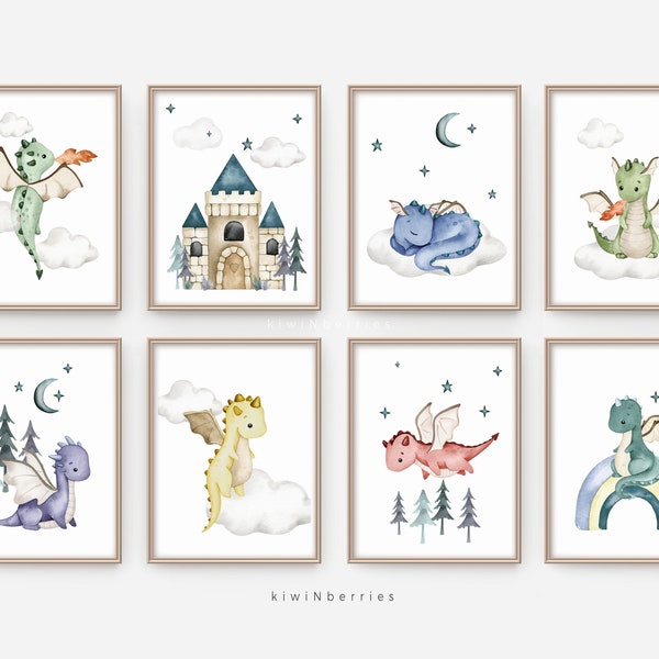 Nursery printable art set, DIY nursery decor, Dragon prints, Mythical creatures, Castle and dragons nursery art, Fairytale baby dragons