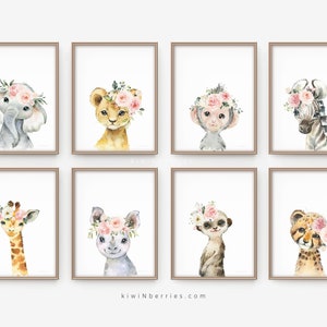 Nursery decor, Nursery wall art, BAby girl nursery art, Nursery art prints, Printable art, Baby animals, Pink rose flowers, Safari animals