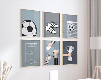 May include: Six framed illustrations of football-related imagery, including a football, boots, a goal, a trophy, a whistle, and a football pitch. The frames are all the same size and are arranged in a grid pattern on a white wall. The frames are all black and have a white mount.