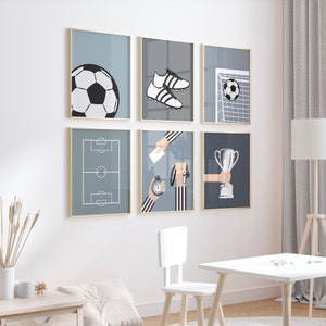 Conjunto de pared de la galería de fútbol de 6 impresiones descargables, deportes de fútbol digital, decoración de la guardería del niño monocromo, sala de juegos para niños, cartel imprimible deportivo