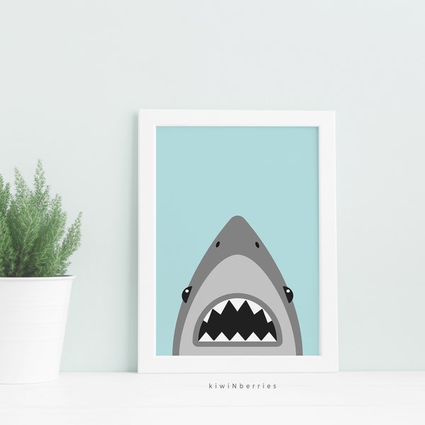 Shark art print - Blue and grey shark print - Boys room decor - Printable boy gift - Baby boy room decor - Shark illustration - shark mouth
