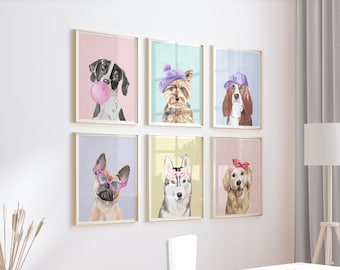 Adorable Set of Prints for Girls, Dog Puppy Themed Room, Puppy gallery Wall, Colorful Funny Dressed up Dogs, Puppy Wall Art digital, Colors