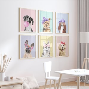 Adorable Set of Prints for Girls, Dog Puppy Themed Room, Puppy gallery Wall, Colorful Funny Dressed up Dogs, Puppy Wall Art digital, Colors