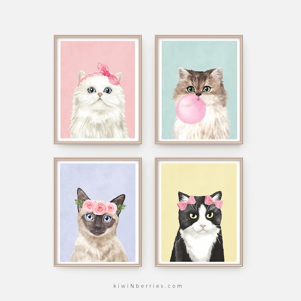 Kattenprints, Baby Girl Nursery Art, Color Block Poster, Kitty Kitten Art Prints, Afdrukbare kwekerij DIY, Pastelroze mint