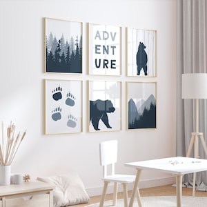 Natur Baby Kinderzimmer Kunst, gemütliches Kinderzimmer Druck, Marineblau Baby Junge Kunst,Wildnis Wald Berge,Abenteuer Kinder Poster,Kleiner Bär Kunstdrucke
