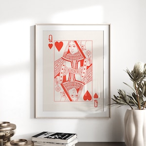 Queen of Hearts Print, Red Poker Hand, Queen Card Poster, Valentijn decor, downloadbaar bestand, Instant Art,