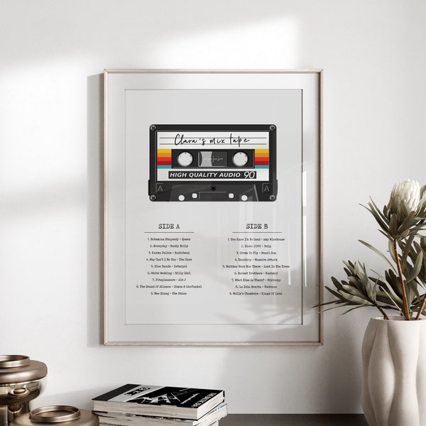 Custom Mix Tape Poster Print - Liste de lecture musicale personnalisée, Cassette rétro, Cadeau d'anniversaire DIY, Choix de chansons, Cadeau de couples musicaux